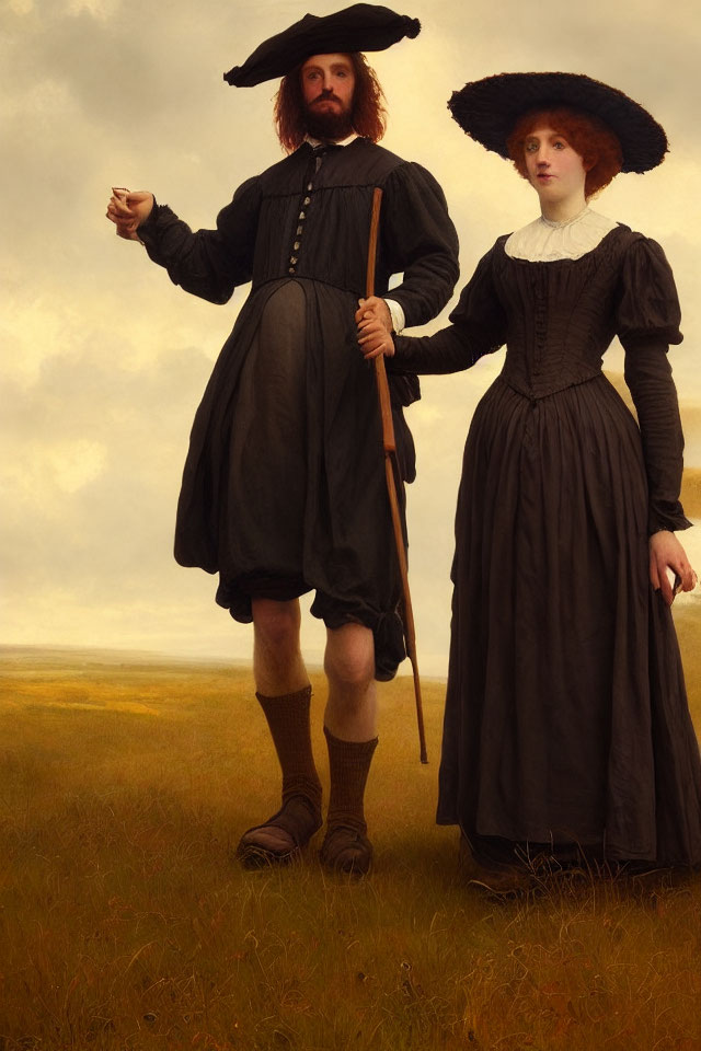 Man and woman in historical clothing with staff and wide-brimmed hat standing in field under overcast