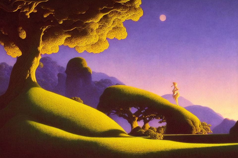 Surreal twilight landscape with rolling green hills and a solitary figure