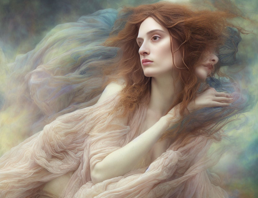 Surreal portrait of woman with red hair and flowing fabric against soft-focus background