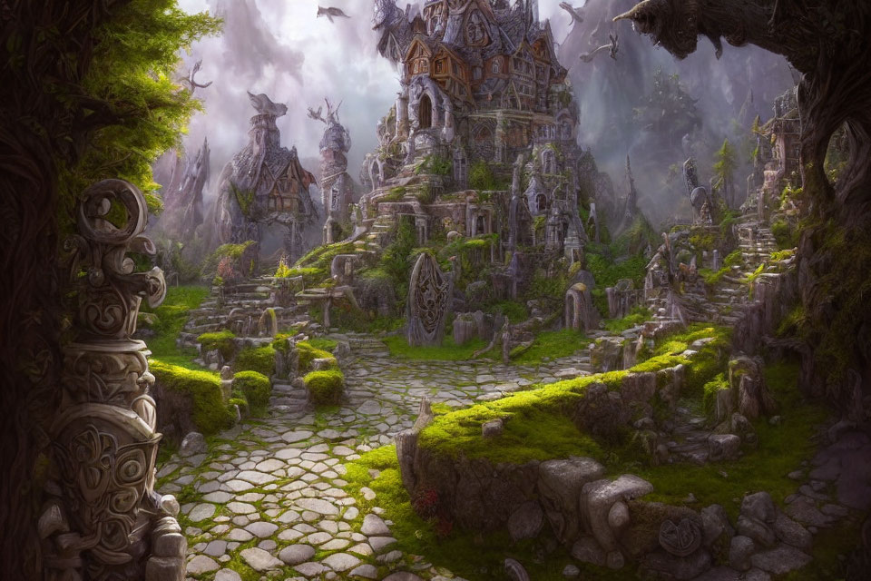 Mystical forest scene with ancient houses and towering trees