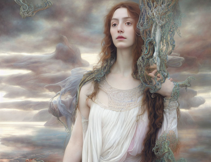 Surreal portrait of woman with flowing hair in white dress against dreamy backdrop