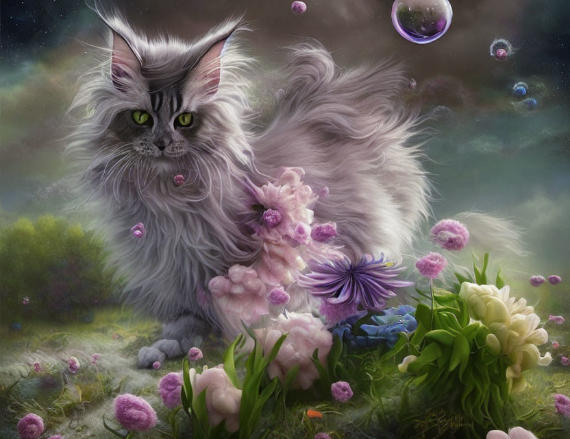 Long-Haired Cat Surrounded by Colorful Flowers and Bubbles