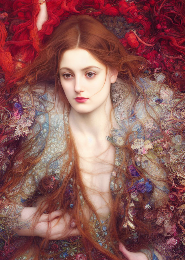 Ethereal woman with flowing red hair in decorative floral garment among vibrant textures