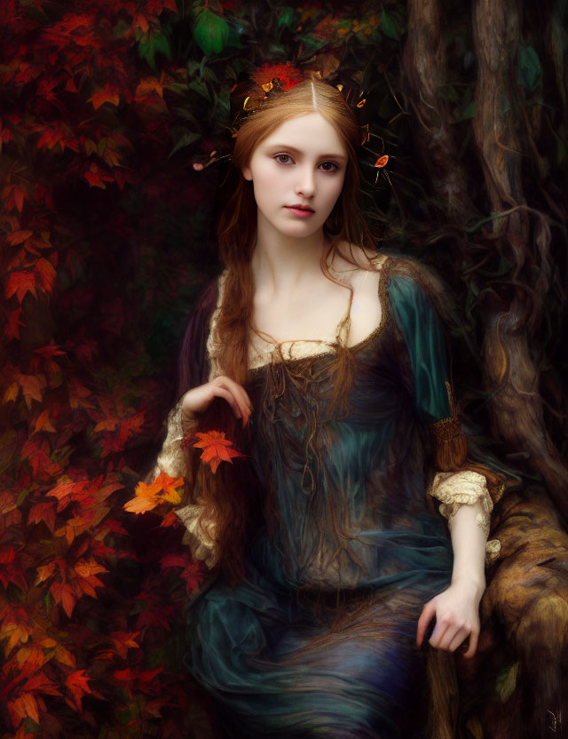 Medieval-style woman in teal and gold dress by autumn tree