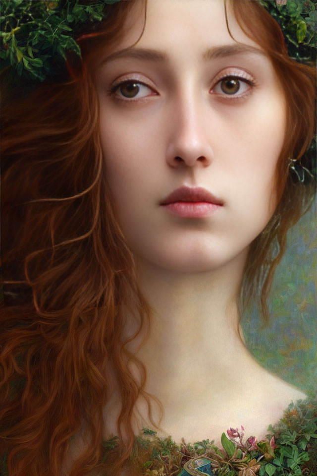 Portrait of woman with flowing red hair, green leaf crown, serene gaze, and floral neckline.