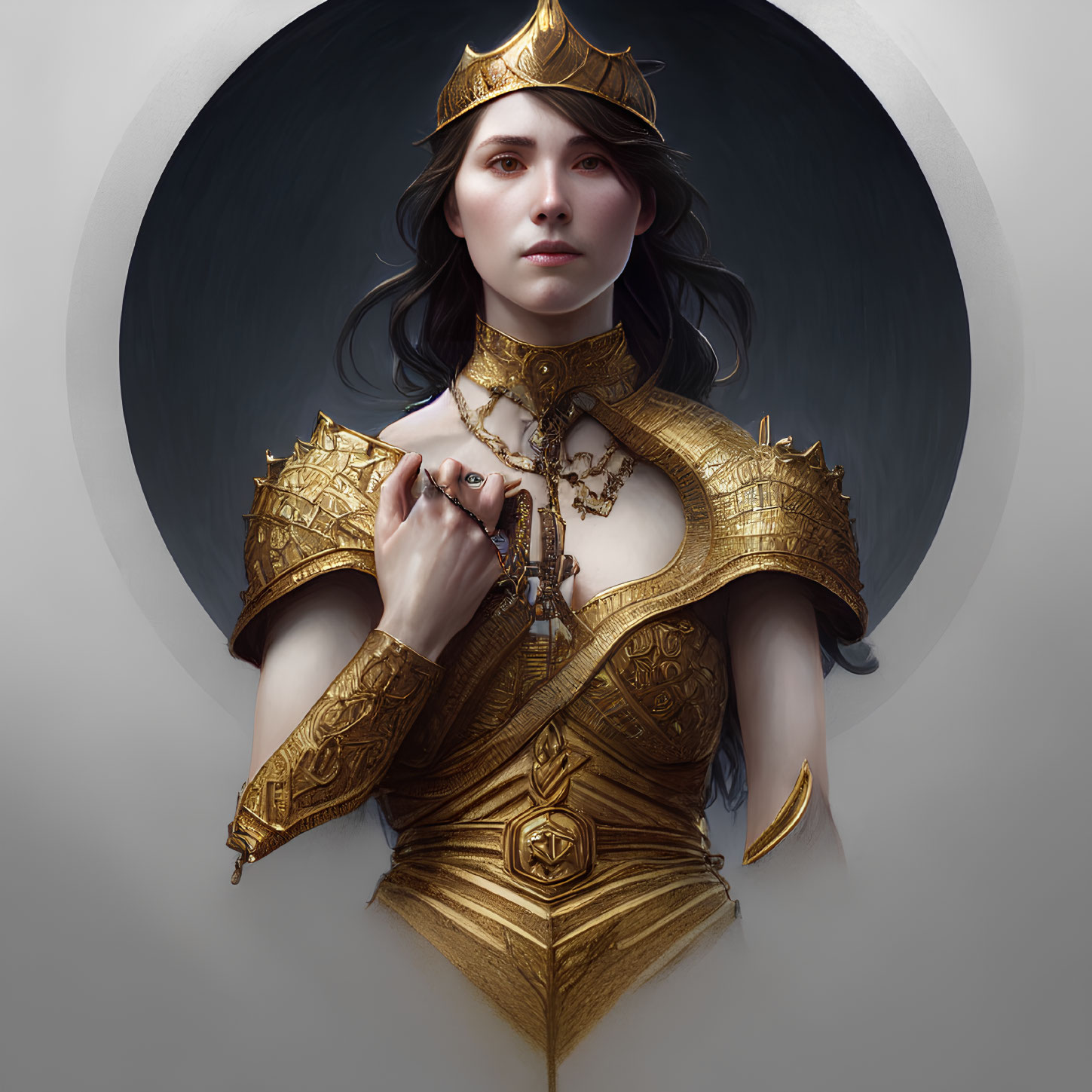 Dark-haired woman in golden crown and armor on grey circular background