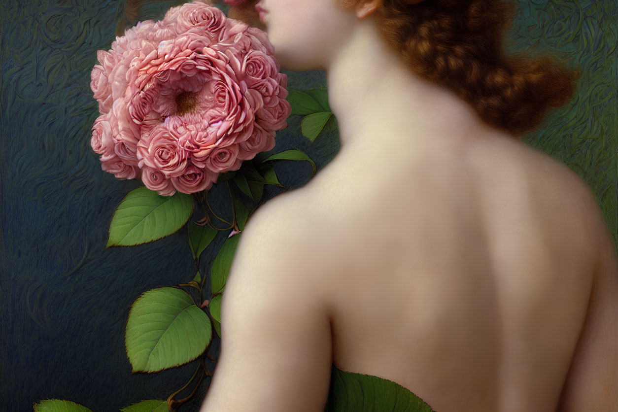 Woman's bare back with braid and pink rose painting: nature meets elegance