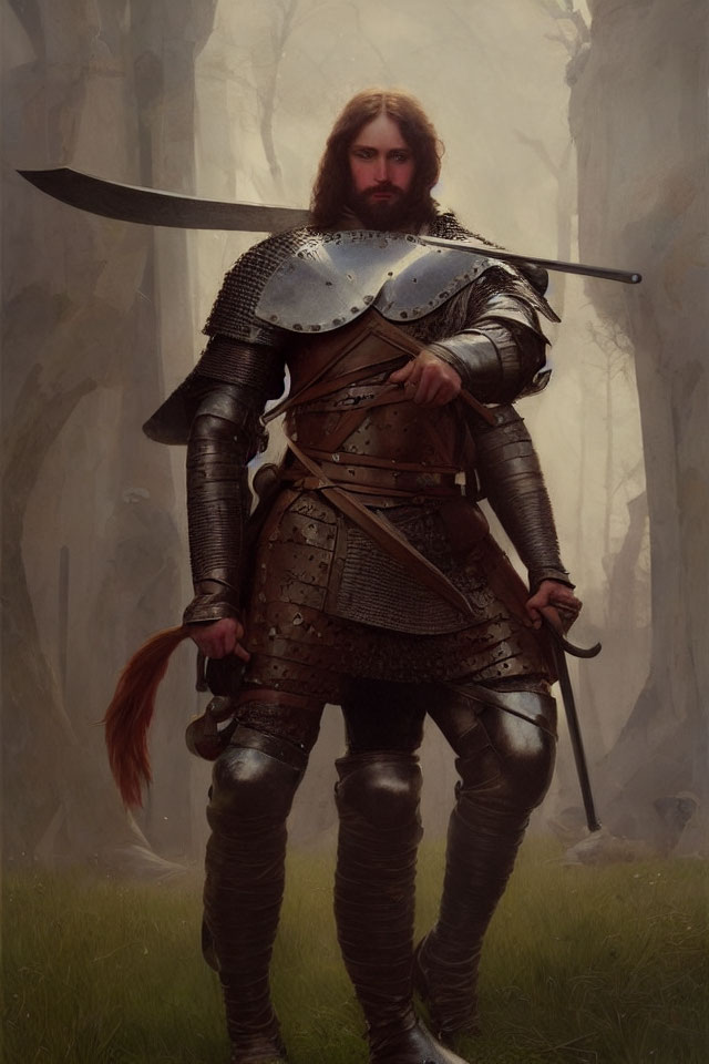 Armored knight with broadsword in misty forest