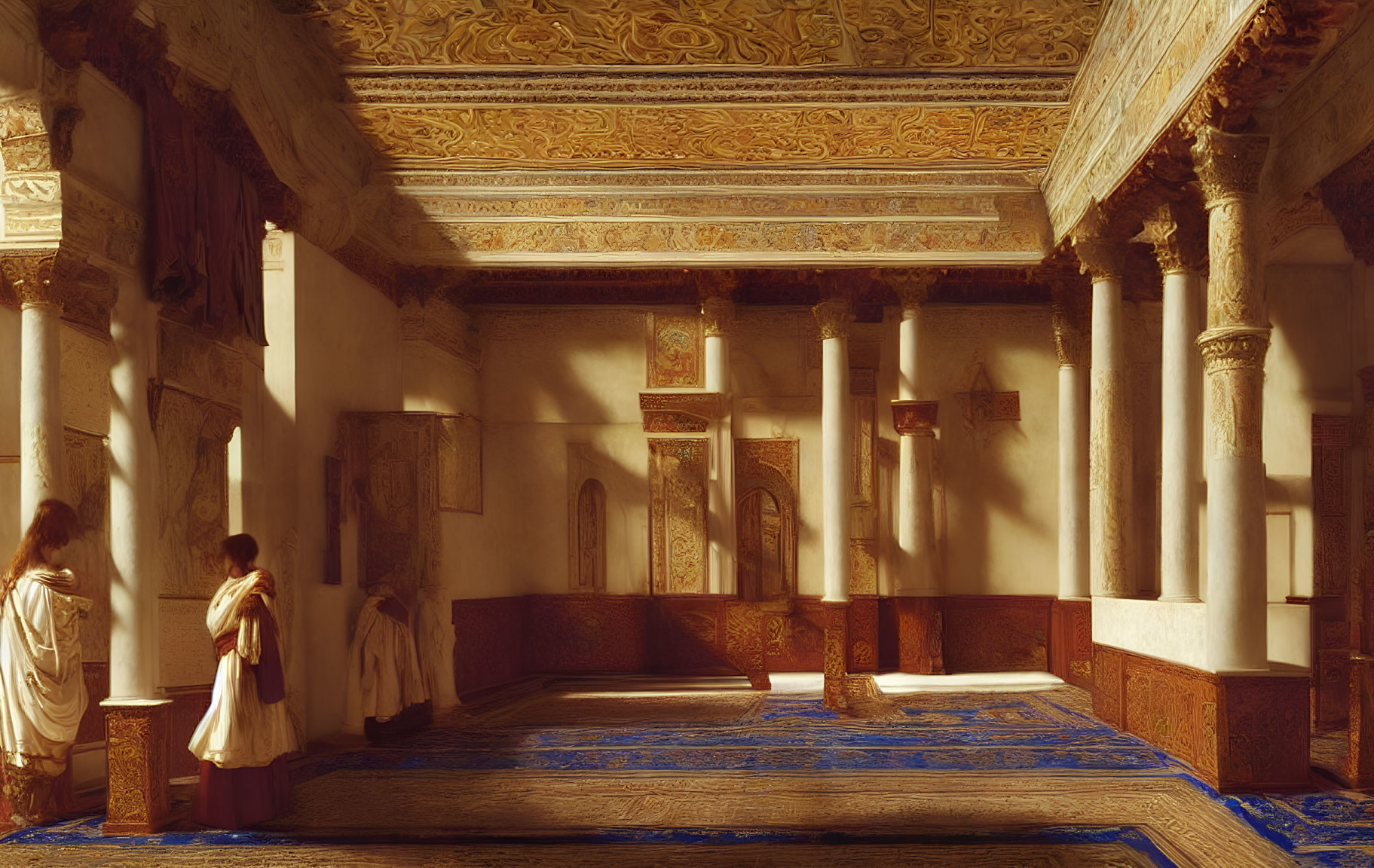 Ornate interior with columns, golden ceiling, blue carpets, and figures in classical attire.