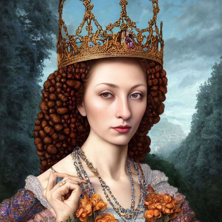 Detailed Golden Crown and Orange Dress on Regal Woman in Forest Setting