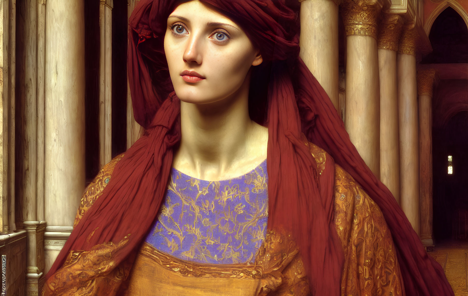 Digital painting of woman with blue eyes and red headscarf in ornate background