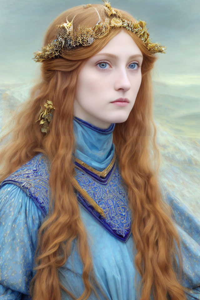 Portrait of Woman with Long Red Hair and Blue Medieval Gown