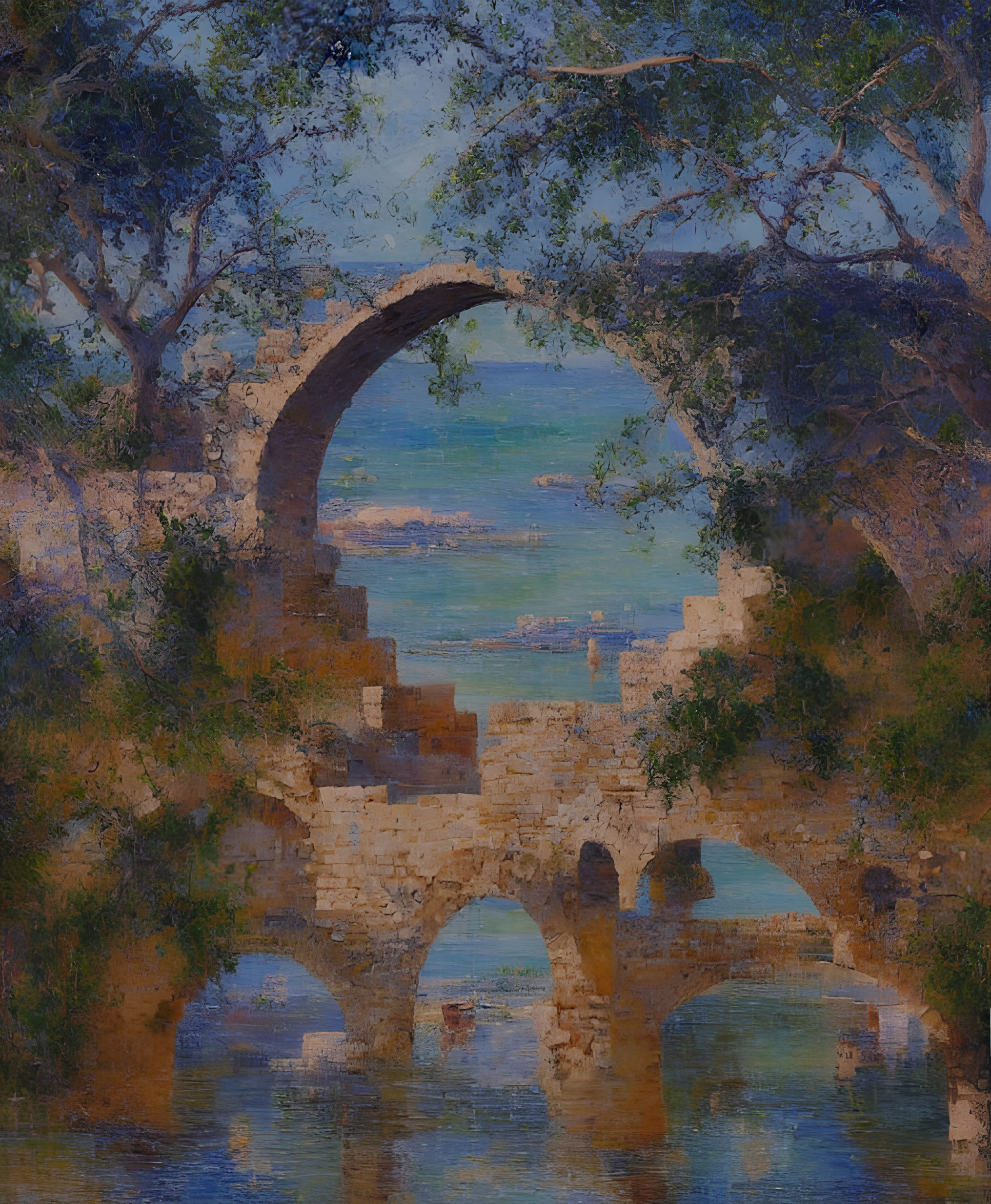 Stone bridge with multiple arches over tranquil river, surrounded by trees under hazy sky