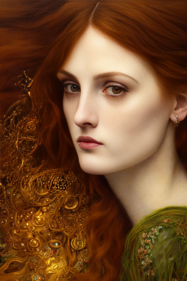 Detailed Portrait of Woman with Flowing Red Hair and Golden Accents