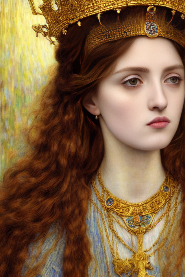 Portrait of young woman with auburn hair, golden crown, and blue necklace