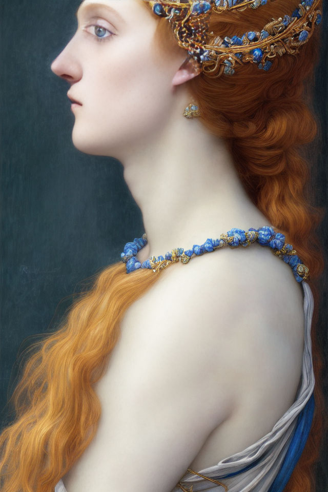 Profile view portrait of woman with red hair and blue-gold headpiece on dark background