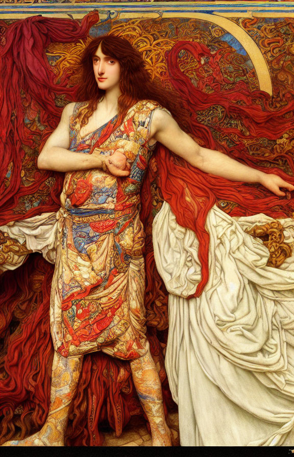 Art Nouveau Style Painting of Woman with Red Hair and Patterned Dress