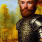 Bearded knight in ornate armor against autumn forest.