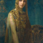 Blond-haired woman with decorative headpiece in mystical blue swirls