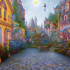 Twilight garden scene with vibrant flowers, whimsical lights, and crescent moon above ornate doorway