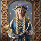 Blonde woman in blue medieval dress with floral crown and wand