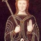 Regal figure in luxurious medieval gown with crown and scepter