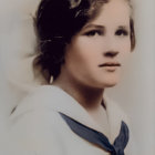 Portrait of woman with pale skin and auburn hair wearing ornate hairpiece.