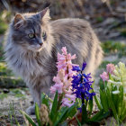 Long-Haired Cat Surrounded by Colorful Flowers and Bubbles