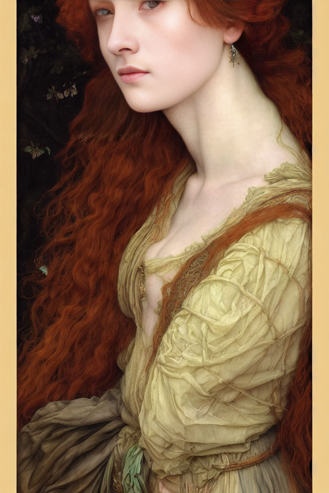 Portrait of woman with flowing red hair in gold period dress gazes over shoulder.