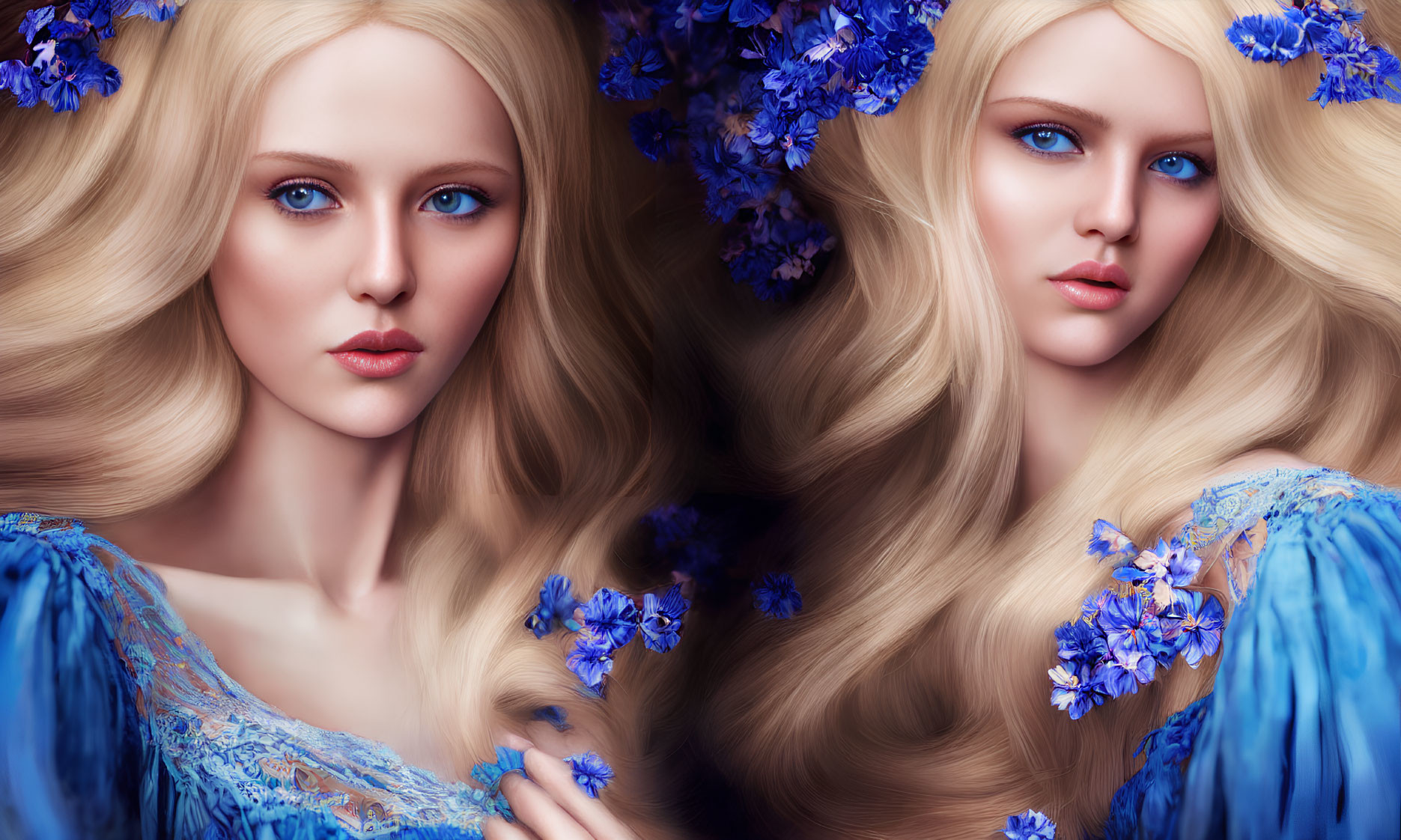 Blonde Women with Blue Flowers in Matching Dresses