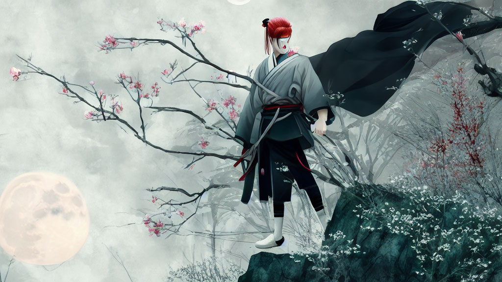 Character in Japanese attire with sword under cherry blossoms