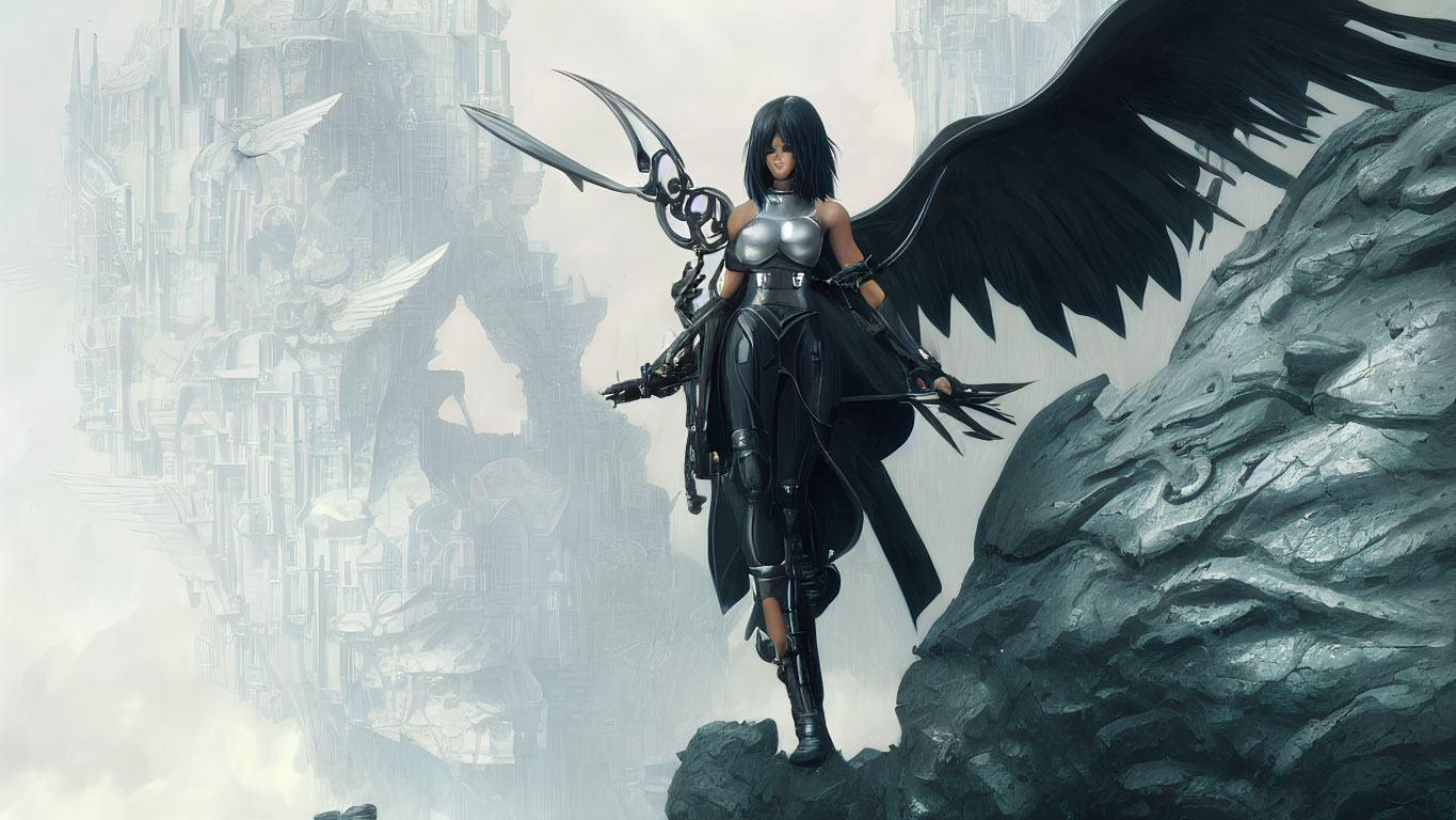 Black-winged warrior in armor with spear on rocky cliff near mystical castle.