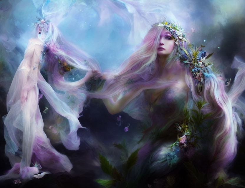 Flowing Hair and Floral Adornments in Dreamlike Landscape