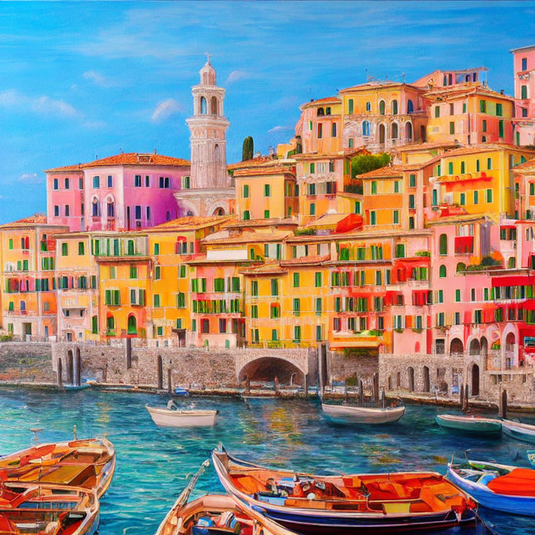 Vibrant coastal town scene with bell tower and boats under blue sky