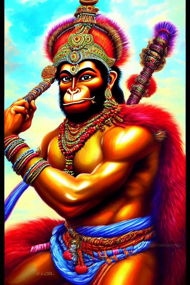 Illustration of Lord Hanuman in traditional attire with gada, under blue sky