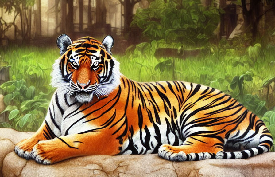 Majestic tiger resting on rock in lush jungle