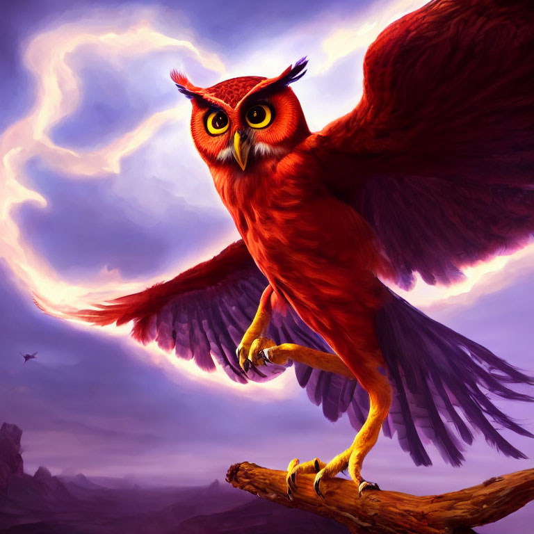 Red owl with expanded wings perched on branch against purple-hued dusk clouds