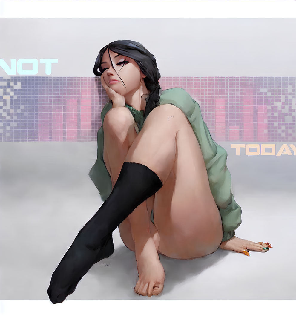 Digital artwork of a woman in green shirt with black sock, backdrop says "NOT TODAY