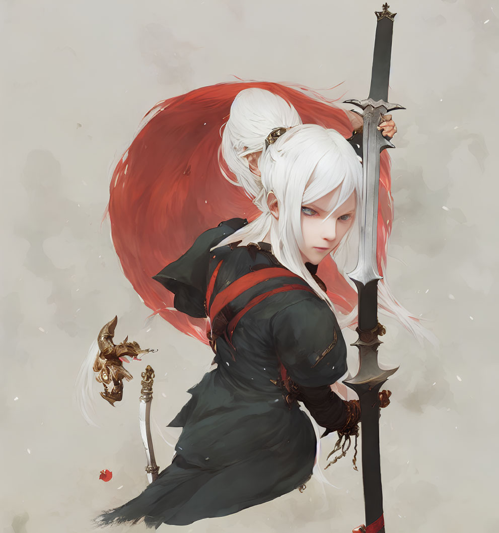 Illustration of Female Warrior with White Hair, Red Eyes, Large Sword, and Flowing Cape