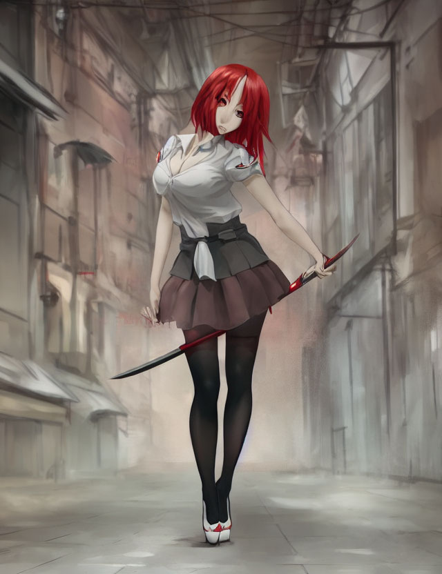 Red-haired anime girl in white blouse wields katana in alleyway