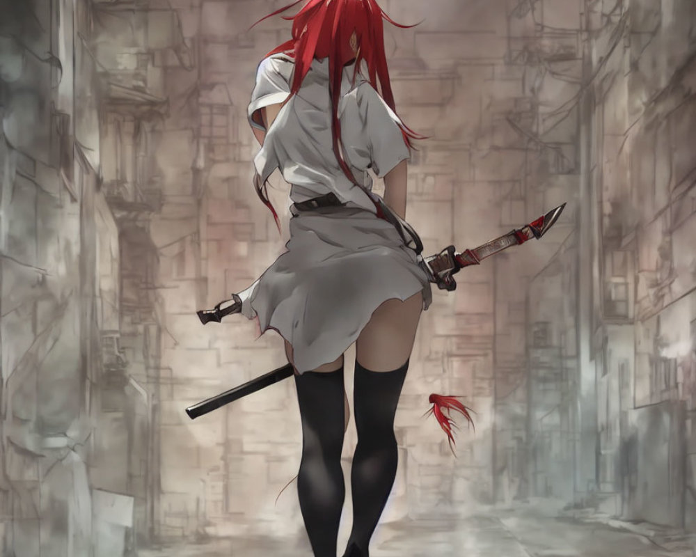 Red-haired anime girl in white shirt and black thigh-highs with katana in urban alleyway