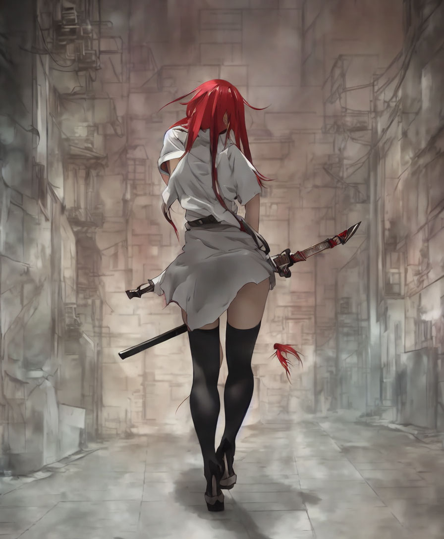 Red-haired anime girl in white shirt and black thigh-highs with katana in urban alleyway