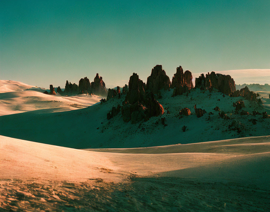 Jagged rock formations in desert landscape at sunset