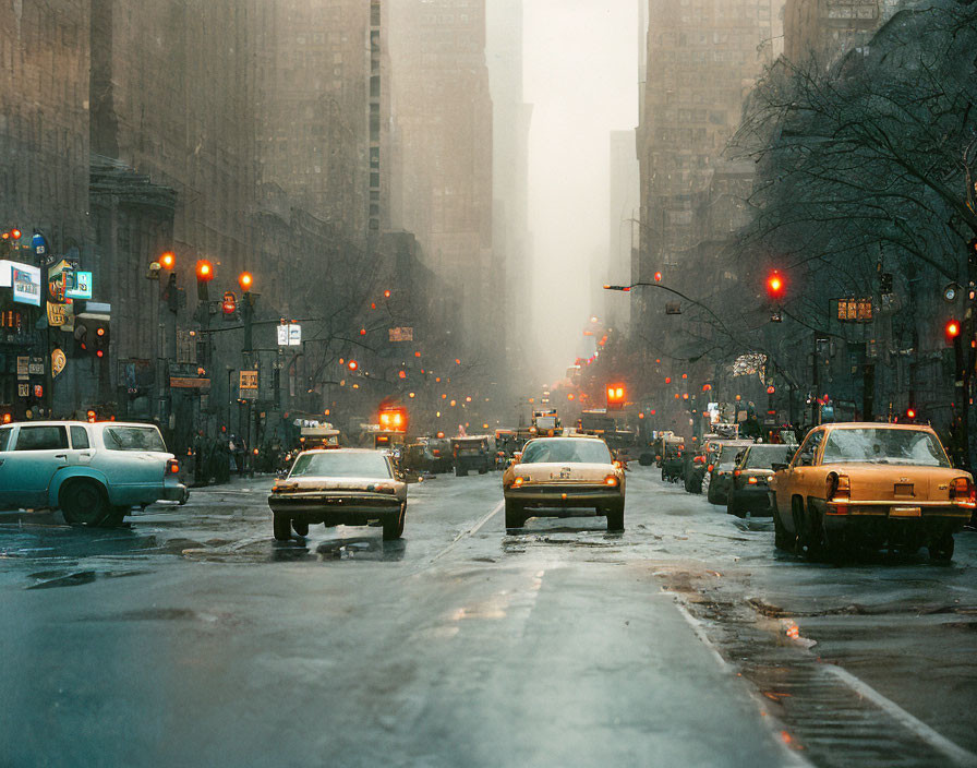 City street with yellow taxis on wet roads under hazy sky