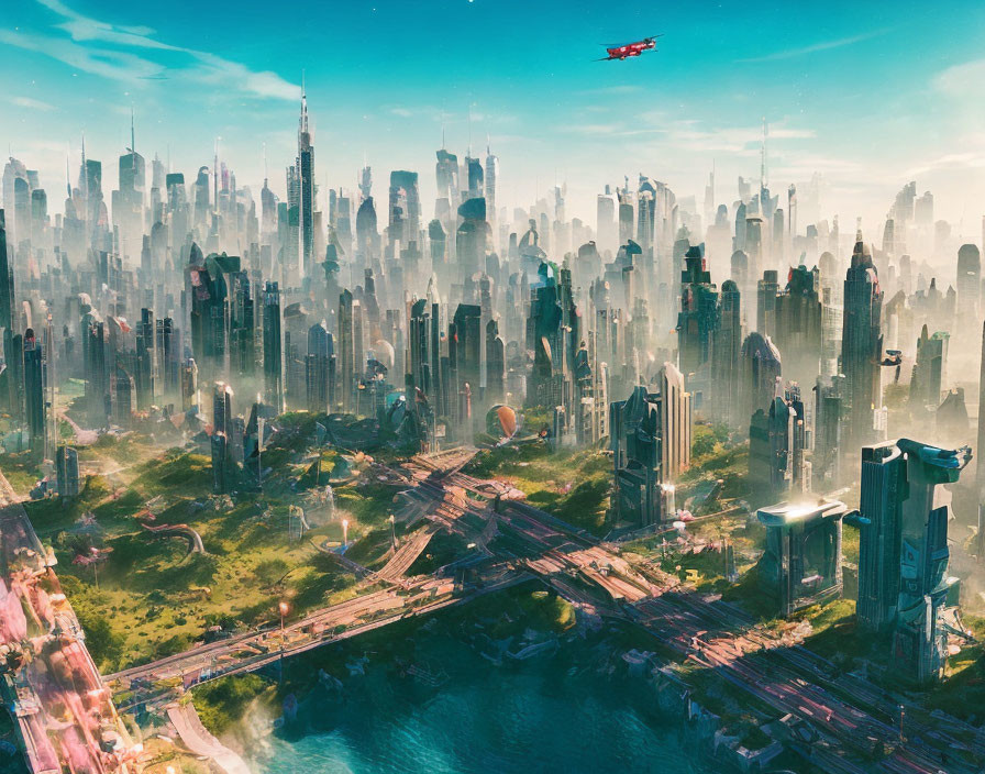 Futuristic cityscape with skyscrapers, greenery, flying vehicles, and intricate roads.