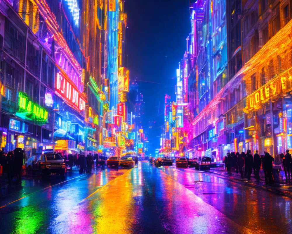 City Street at Night: Neon Lights, Pedestrians, Illuminated Buildings