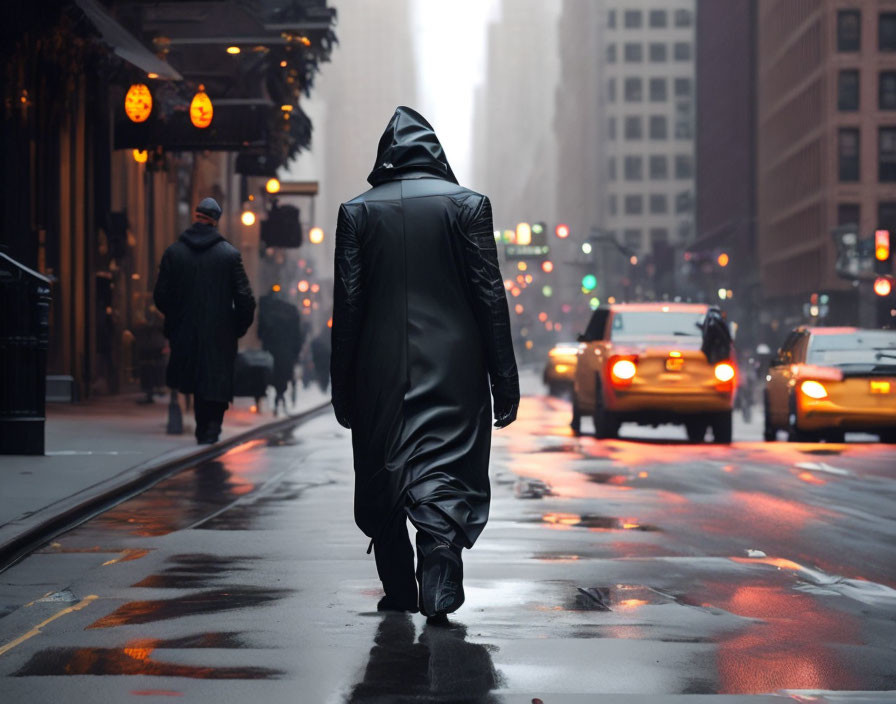 Mysterious figure in black cloak on foggy city street