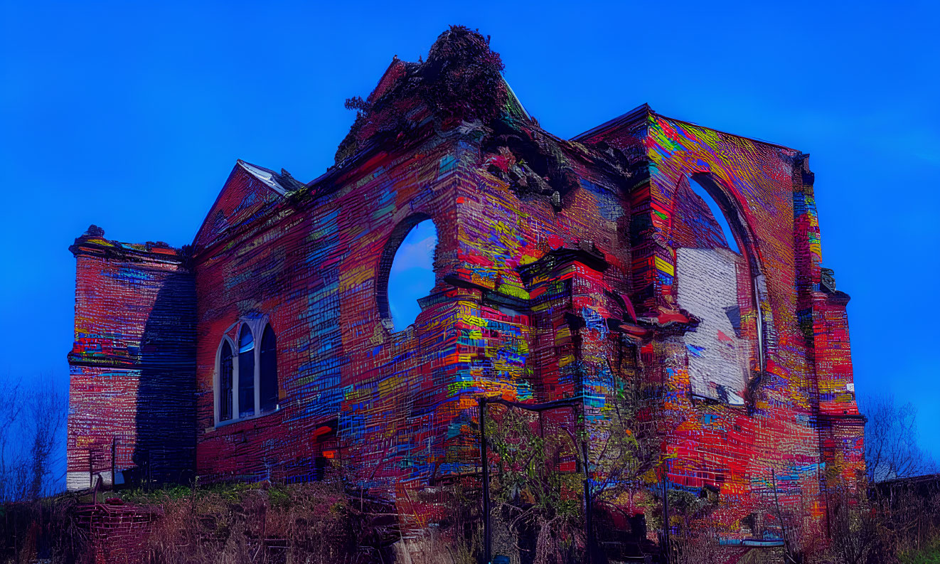 Abandoned building covered in graffiti with overgrowth - urban decay scene