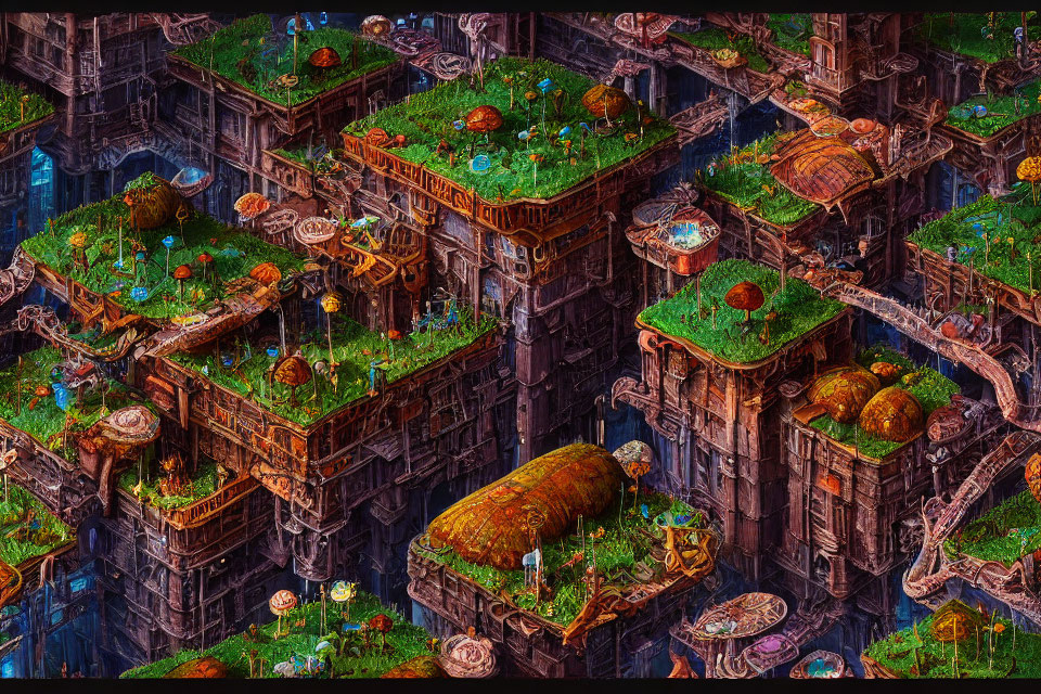 Futuristic digital artwork of overgrown city with green rooftops