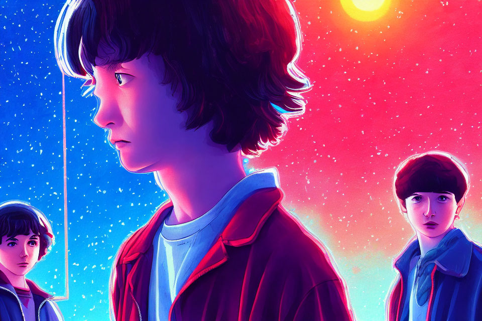 Stylized illustration of three youths against cosmic background